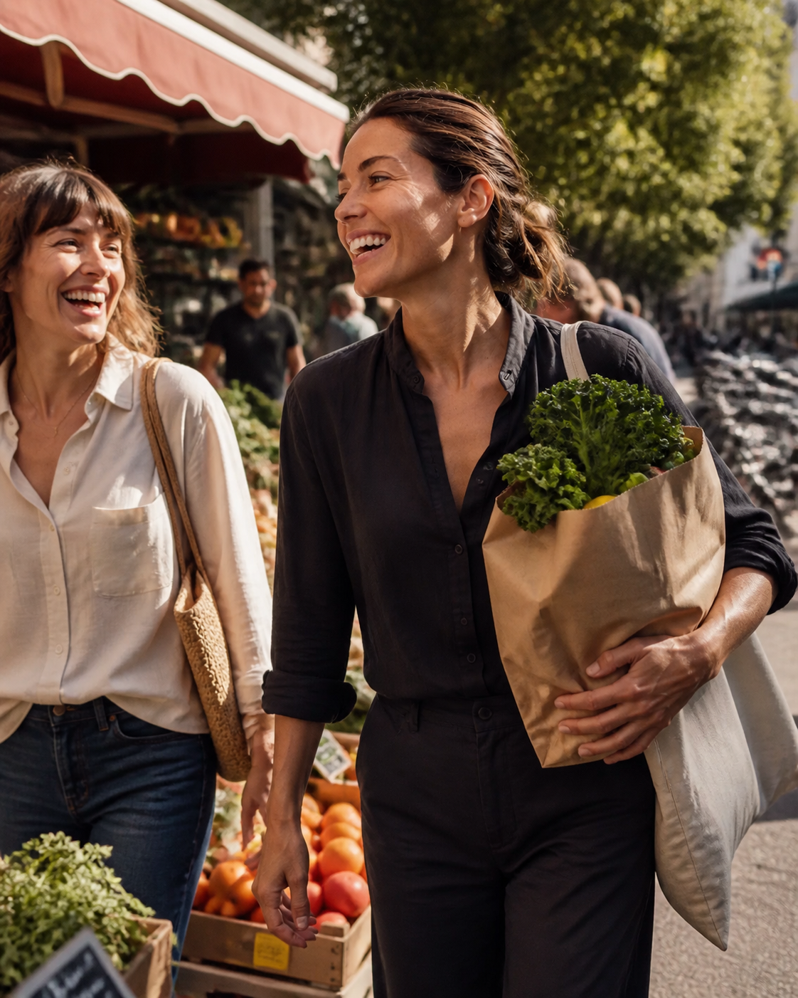 The woman from the opening scene laughing with a friend as they leave a neighborhood produce market