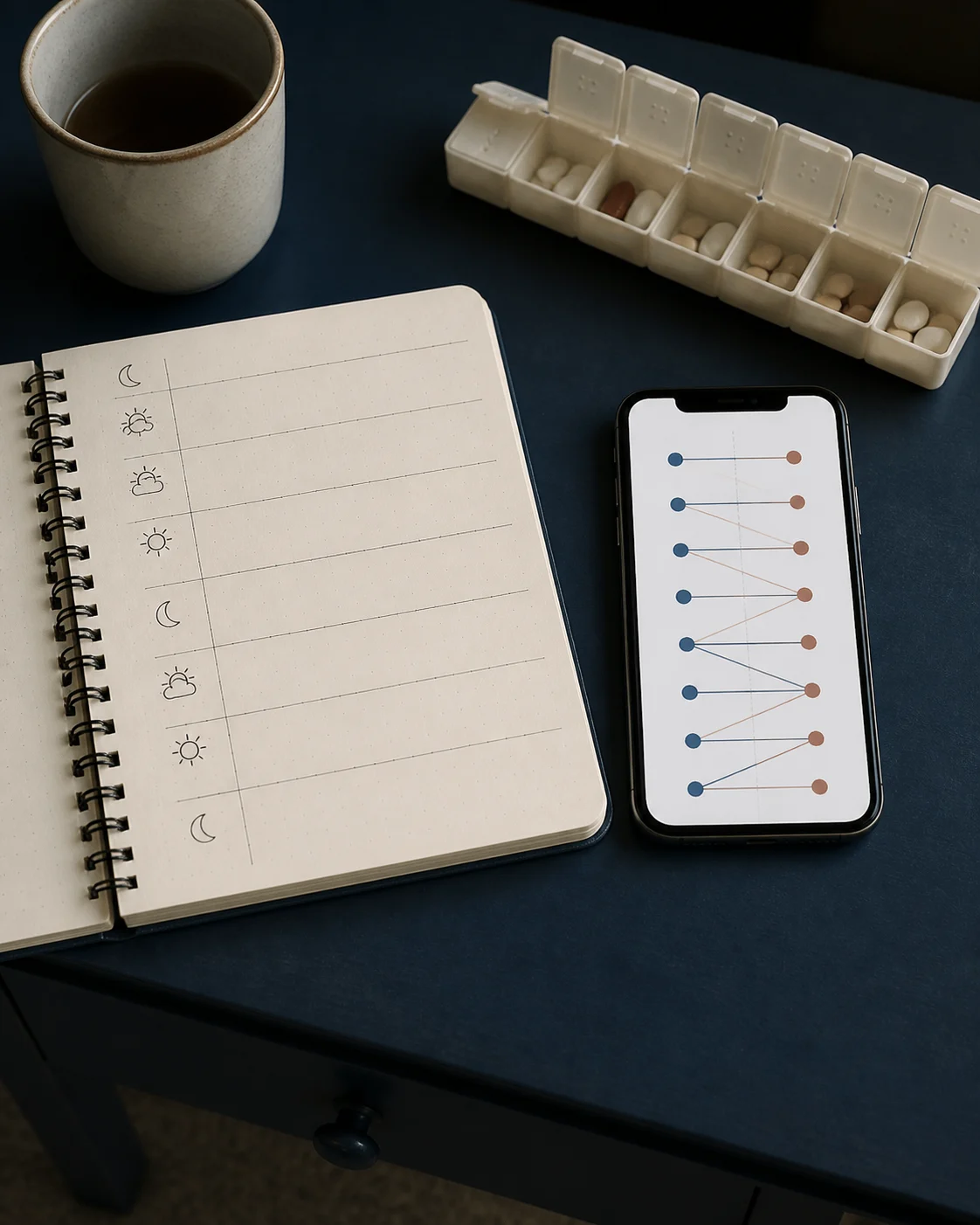 A phone pattern view beside a sleep journal and medication organizer